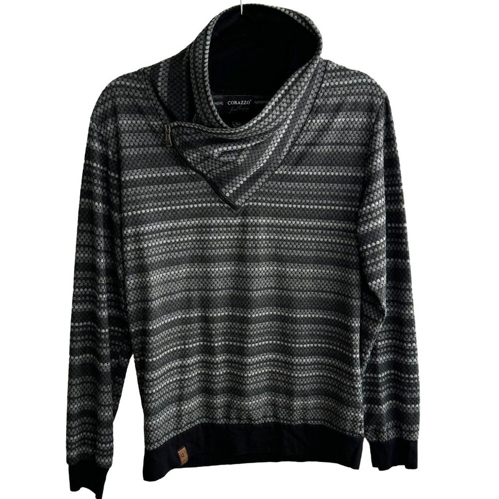 Corazzo Women's Large pullover in black, white, grey, zip collar, elbow patches